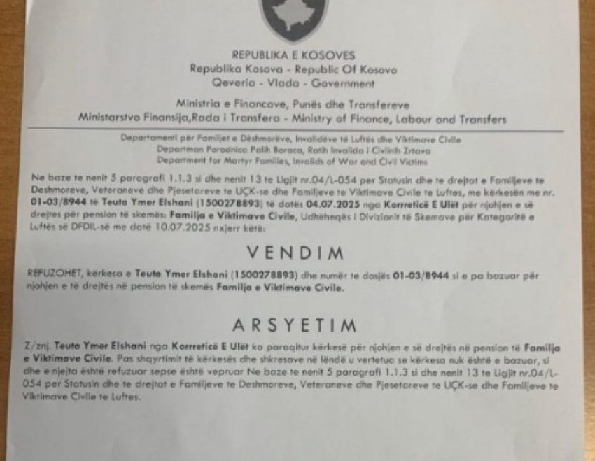 refuzohet pensioni per vajzen e ymer elshanit viktime e masakres ne poklek 6884be8518fc9