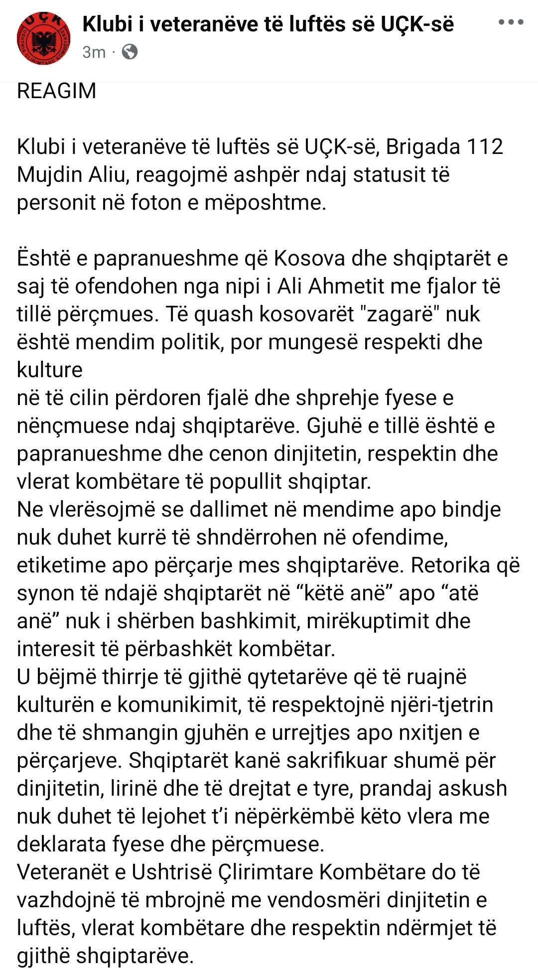 Veteranët e UÇK-së i reagojnë nipit të Ali Ahmetit: Është nënçmuese dhe e papranueshme t’i quash kosovarët “zagarë” 2 IMG 20260602 WA0017